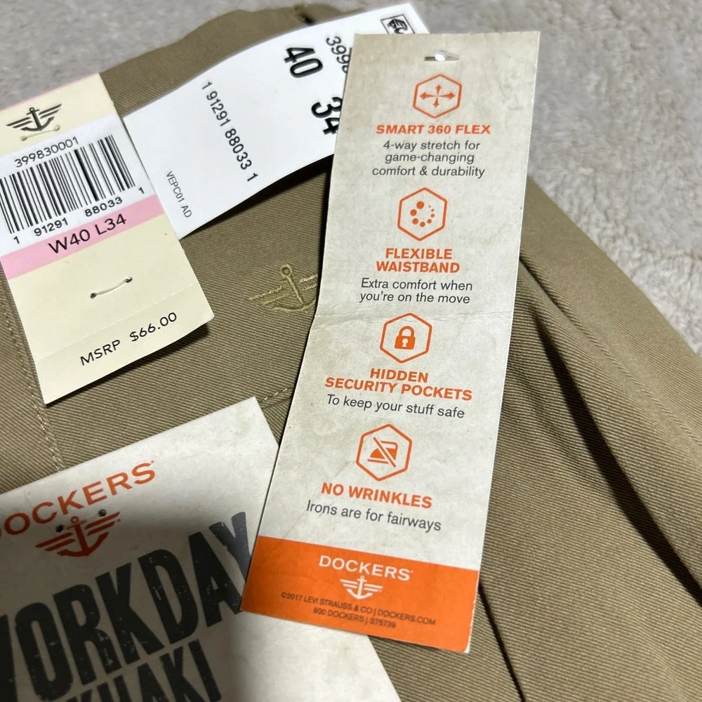 New NWT Dockers Workday Khaki Mens 40 34 Tan Smart 360 Flex Classic Fit Pants
